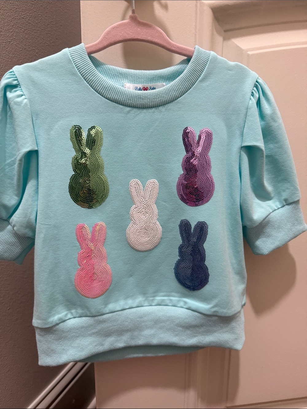 Girls’ Sequin Bunny Puff Sleeve Top in Light Blue
